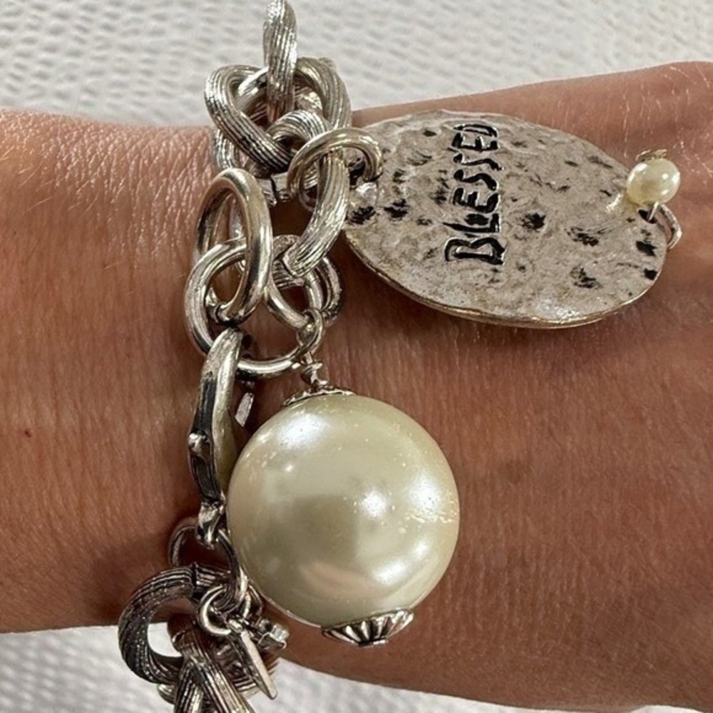 Atelier Charm Bracelet 8 Inch Silver Tone Blessed Disc Faux Pearl Jewelry